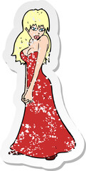 retro distressed sticker of a cartoon pretty woman in dress