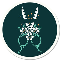 sticker of tattoo in traditional style of barber scissors and flowers