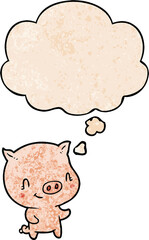 cartoon pig with thought bubble in grunge texture style