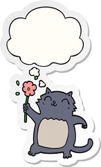 cartoon cat with flower with thought bubble as a printed sticker
