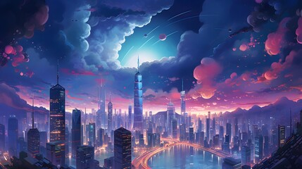 Futuristic city with skyscrapers and high-rise buildings - obrazy, fototapety, plakaty