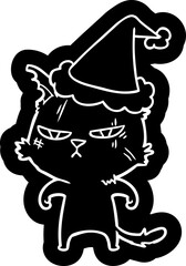 tough quirky cartoon icon of a cat wearing santa hat