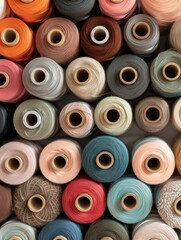 Fototapeta premium Close-up of multi-colored sewing threads in a tidy arrangement, emphasizing texture and variety for creative projects.
