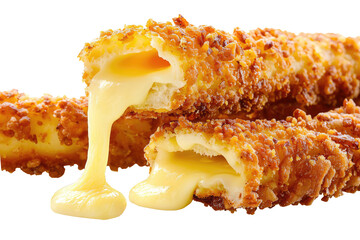 Plakaty  Many Crispy breaded fried cheese sticks, liquid hot cheese dripping out the inside, png, isolated on transparent background, clipart, cutout.