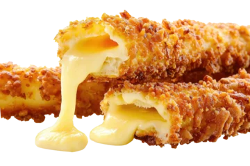 Wandaufkleber Many Crispy breaded fried cheese sticks, liquid hot cheese dripping out the inside, png, isolated on transparent background, clipart, cutout. © dinastya