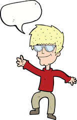 cartoon waving cool guy with speech bubble