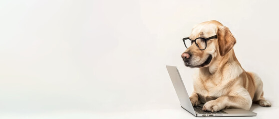 A golden Labrador Retriever sports eyeglasses and uses a laptop, presenting an amusing portrayal of a professional pet.
