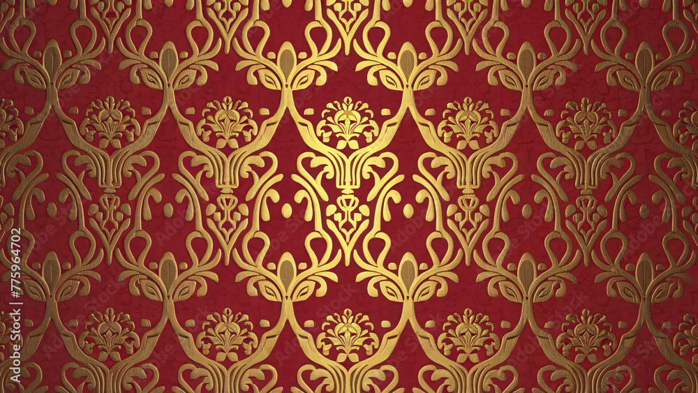 Wall mural marble colourful vintage background with ornament, gold and red wallpaper