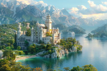 An enchanting castle nestled on the edge of an idyllic lake, surrounded by lush greenery and majestic mountains in a fantasy world. Created with Ai - obrazy, fototapety, plakaty
