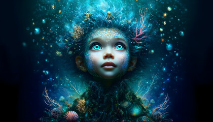 A fantasy of a child-like figure with ocean-themed features. The character has skin adorned with textures resembling coral and sea life