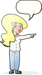 cartoon pretty woman pointing with speech bubble