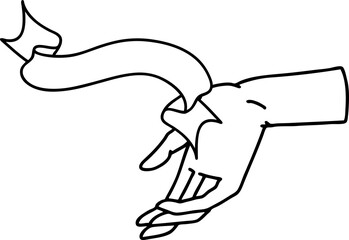 traditional black linework tattoo with banner of a hand