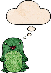 cartoon penguin with thought bubble in grunge texture style