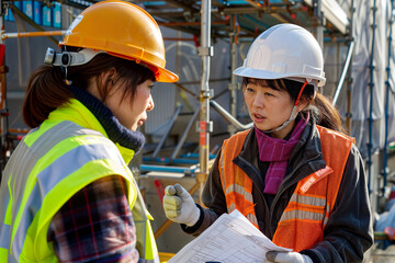 建設現場でプロジェクトを管理する女性。