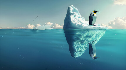Penguin on iceberg in clear polar sea - Ai Generated