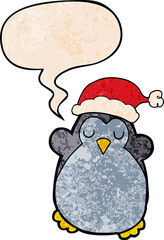 cute christmas penguin with speech bubble in retro texture style