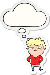 cartoon impatient man with thought bubble as a printed sticker