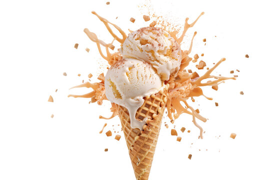 Exploding dairy ice cream in a waffle cone png, isolated on transparent background, clipart, cutout.