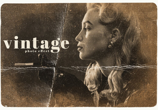 Vintage Folded Photocard Look. Photoshop Effect Template. Retro Sepia Photo Filter