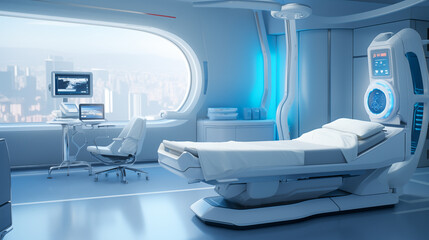 Futuristic hospital with medical services in the future. Capture the advanced and vibrant atmosphere of cutting edge healthcare facility from distance	