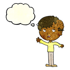 cartoon boy with growth on head with thought bubble