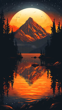 Serene mountain lake scene at sunset with vibrant orange sky, silhouetted trees, and reflective water surface
