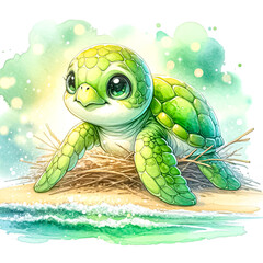 An illustration for turtle day, Green sea turtle nesting on the beach, rendered in watercolor style.