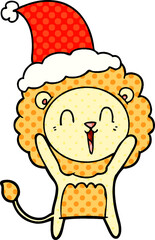 laughing lion hand drawn comic book style illustration of a wearing santa hat
