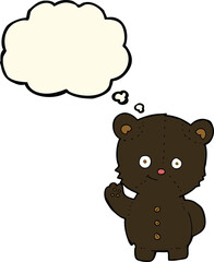 cartoon waving black bear cub with thought bubble