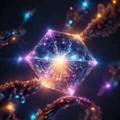 Digital artwork of a glowing quantum crystal, intricately connected to a double helix, symbolizing advanced scientific concepts