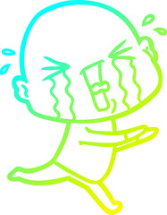 cold gradient line drawing of a cartoon crying bald man