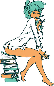 iconic tattoo style image of a pinup girl sitting on books