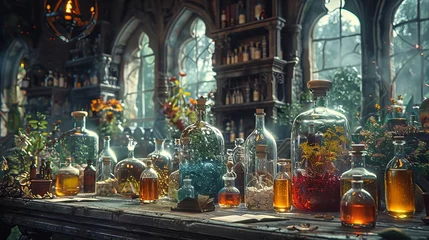 Foto op Plexiglas Medieval Alchemist: Capture the mystique of an alchemist's laboratory with potions, scrolls, and arcane symbols to depict medieval science and magic  © Nico