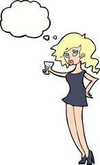 cartoon woman at party with thought bubble