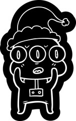 quirky cartoon icon of a three eyed alien wearing santa hat