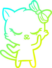 cold gradient line drawing of a cute cartoon cat with bow