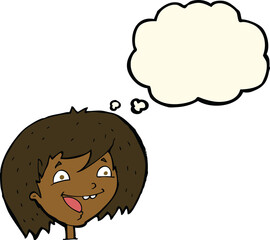 cartoon happy girl with thought bubble