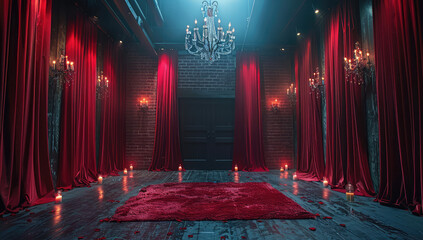 A large red curtain is being pulled back to reveal an elaborate stage with candles and smoke, creating a dramatic effect for the performance in front of it. Created with Ai - obrazy, fototapety, plakaty