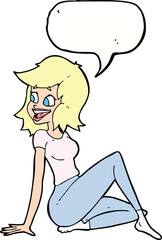 cartoon pretty woman looking happy with speech bubble