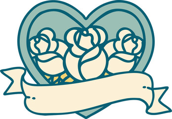 iconic tattoo style image of a heart and banner with flowers
