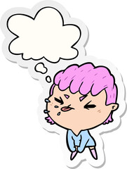 cartoon rude girl with thought bubble as a printed sticker