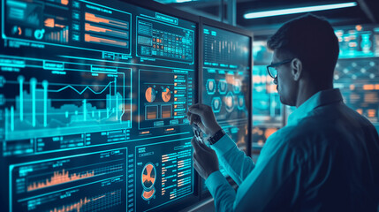 data scientist standing in a data monitoring room working with business analysis data, digital technology concept illustration	