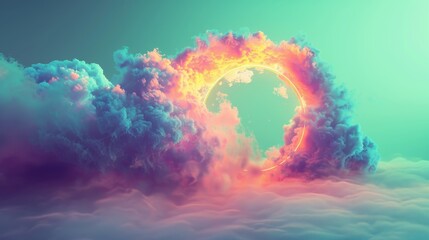 3D render of a colorful cloud with glowing neon in the shape of a torus - obrazy, fototapety, plakaty
