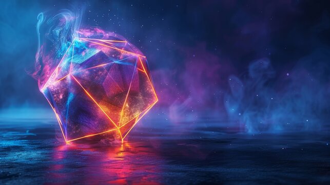 3D render of a colorful cloud with glowing neon in the shape of an icosahedron