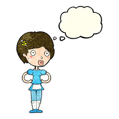 cartoon woman in french maid outfit with thought bubble