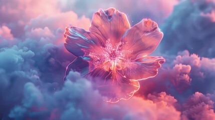 3D render of a colorful cloud with glowing neon, shaped like a flower - obrazy, fototapety, plakaty