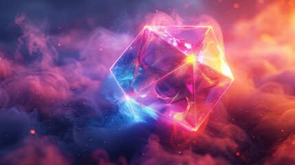 3D render of a colorful cloud with glowing neon, shaped like a hypnotic icosahedron