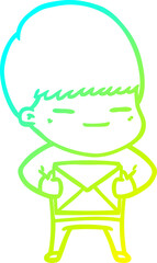 cold gradient line drawing of a cartoon smug boy carrying present