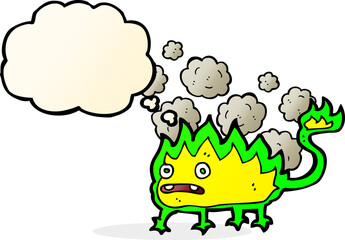 cartoon little fire demon with thought bubble
