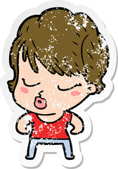 distressed sticker of a cartoon woman with eyes shut